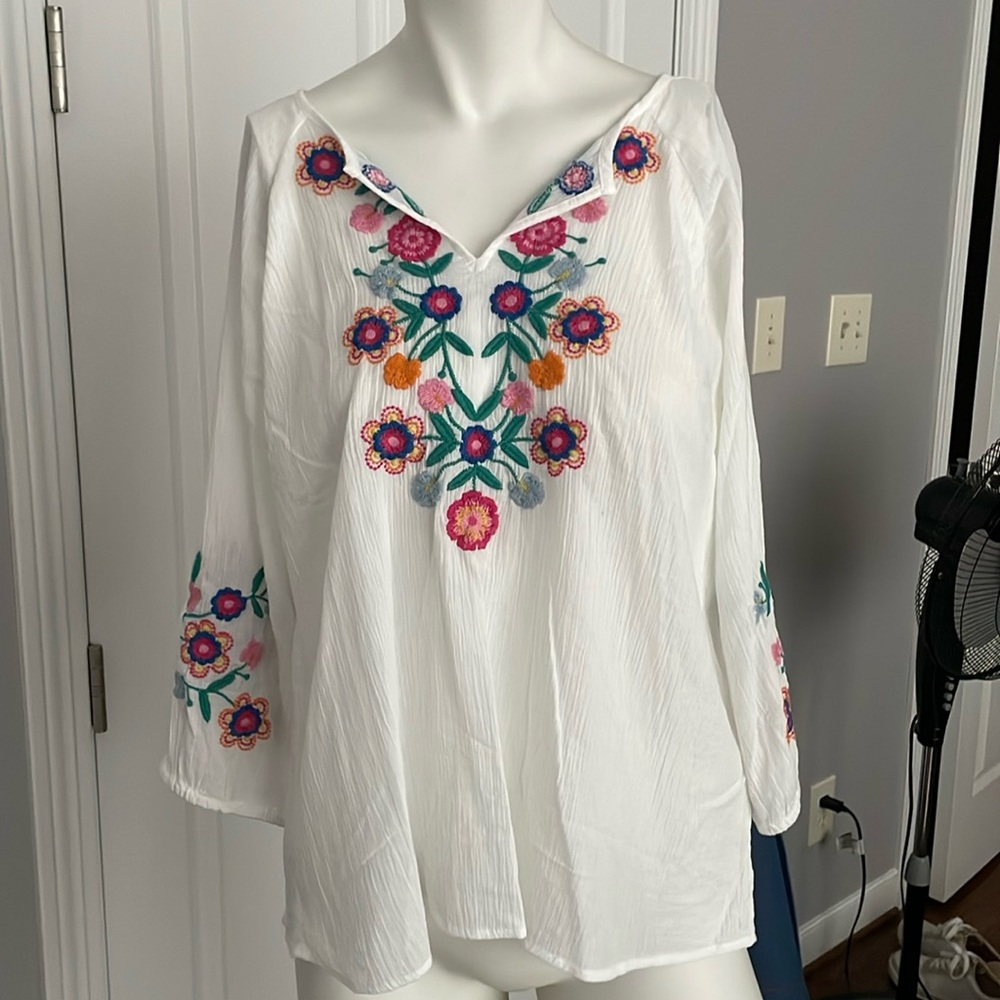 Talbots White Blouse with Colorful Embroidery